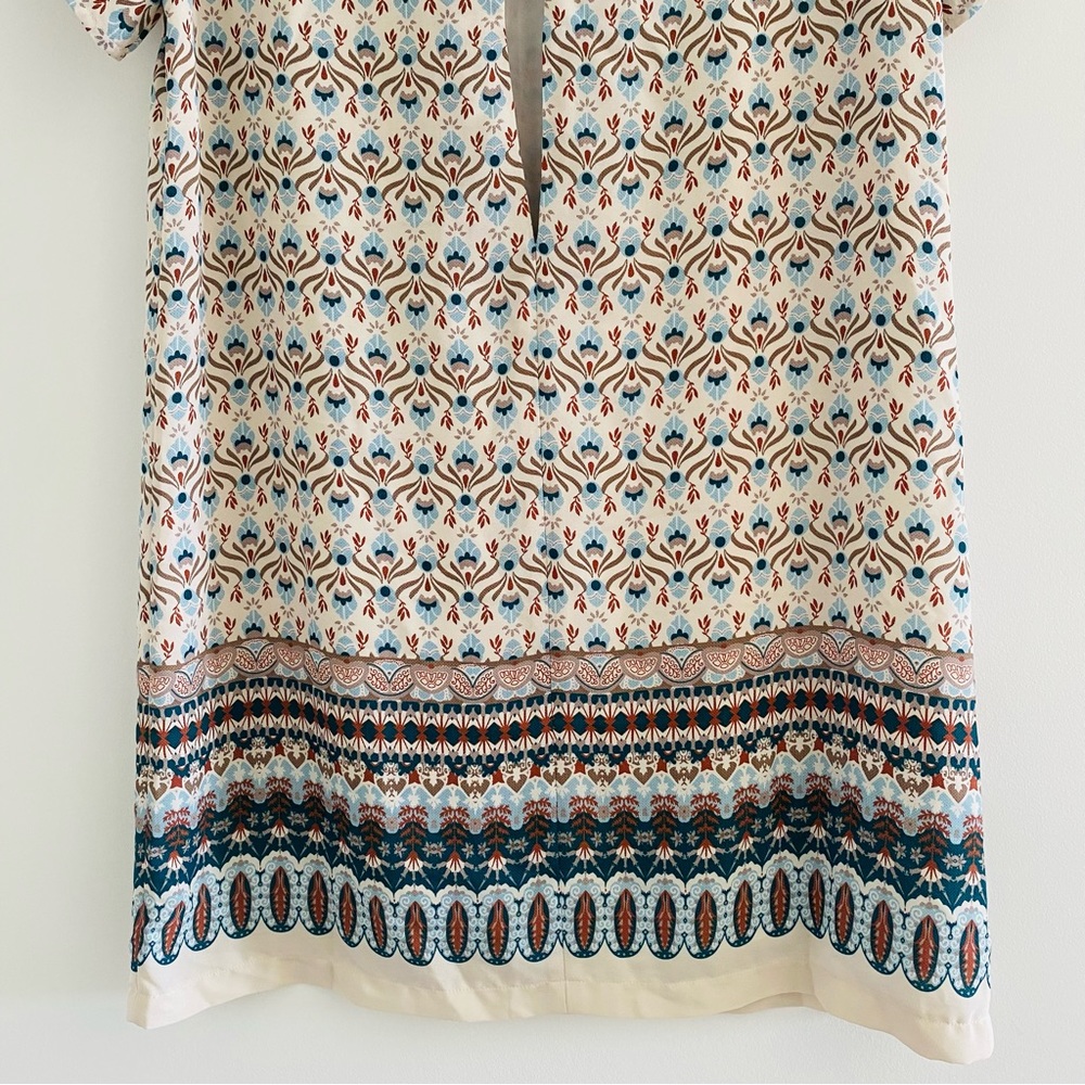 Lulus Botanical Beauty Beige Print Shift Dress Short Sleeves Mini Dress - Picture 9 of 16